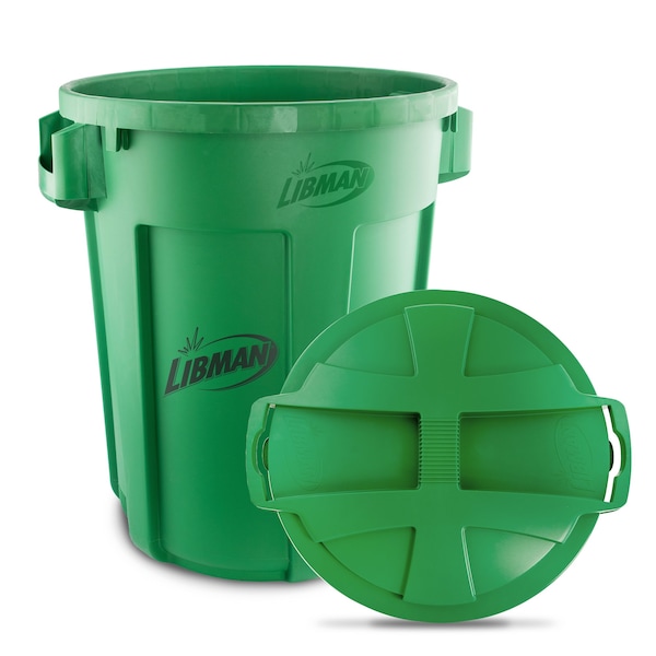 Libman 32 gal 32 Gallon Green Trash Can & Lid, Green, LDPEcan; HDPE